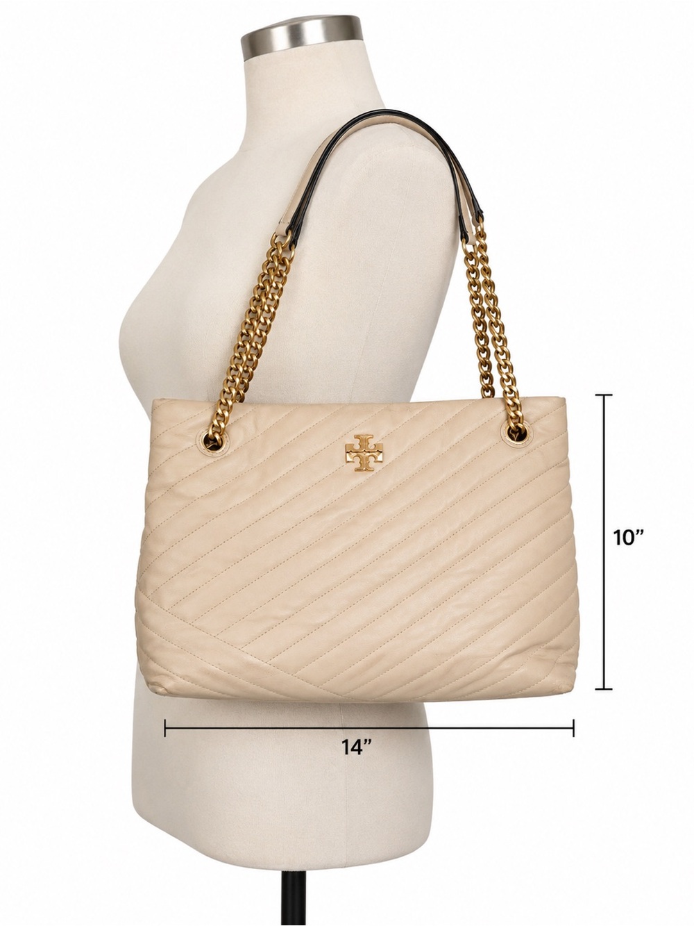 Tory Burch Kira Chevron Leather Tote Bag Cream Gold Chain Shoulder Purse $548